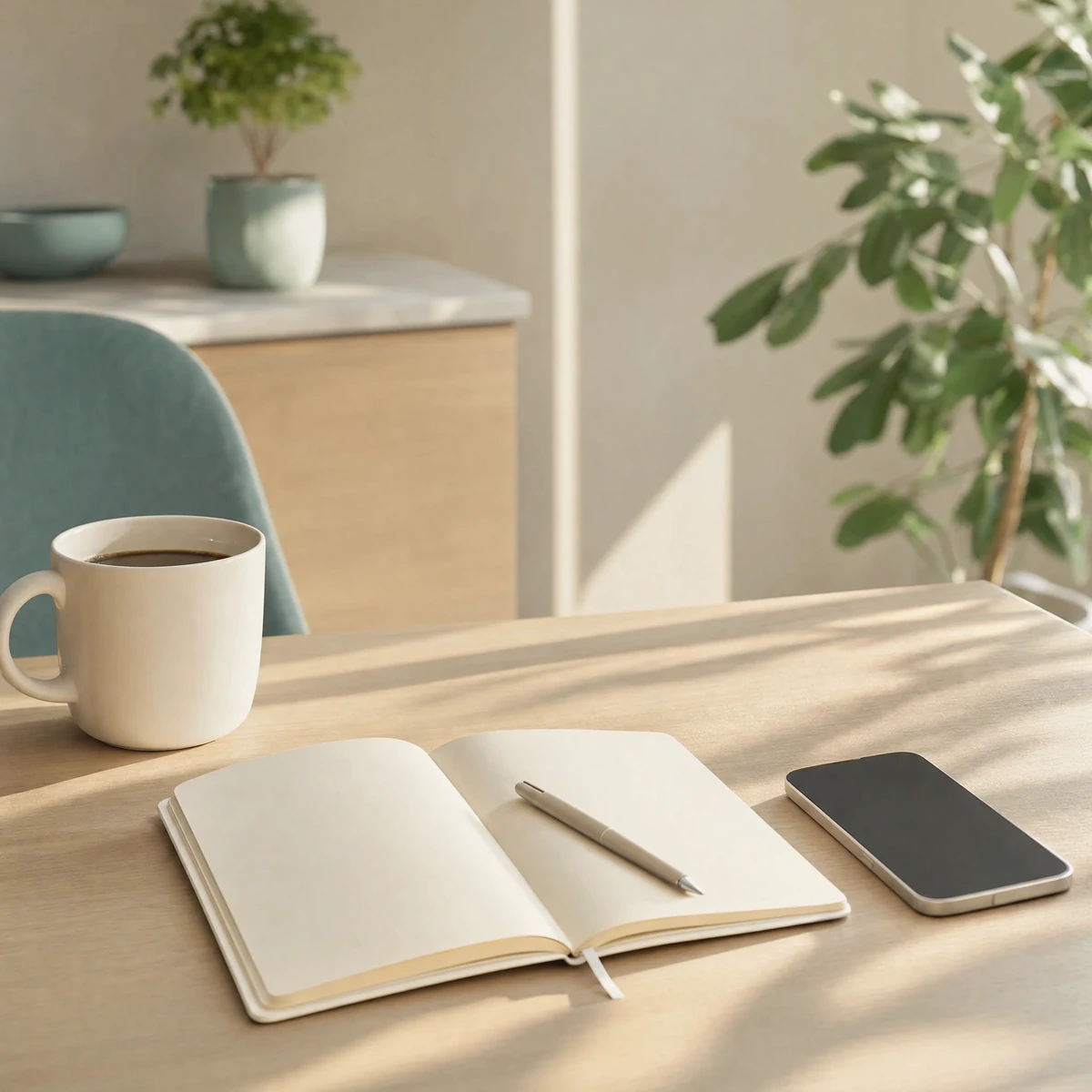 Kaffeetasse, aufgeschlagenes Notizbuch und Smartphone auf einem Holztisch im Pausenraum